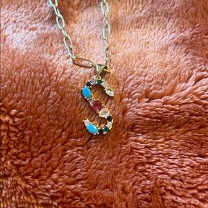Gold Initial Necklace with Multicolor Stones